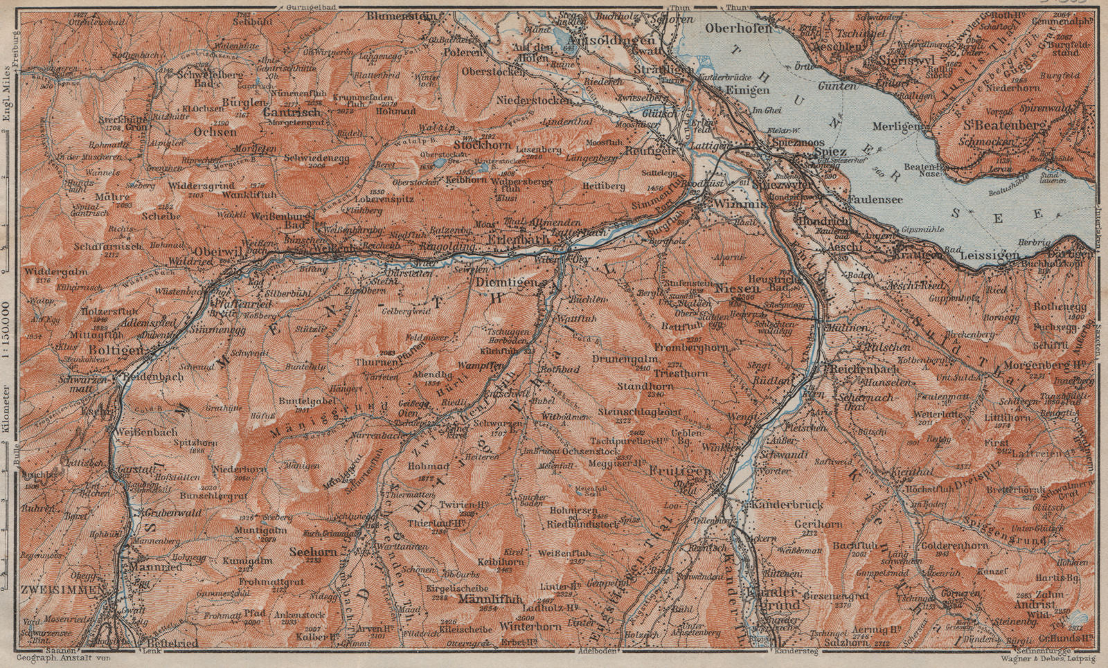 THUNER SEE. SIMME/KANDER VALLEYS. Gantrisch Spiez Frutigen Oberwil 1913 map